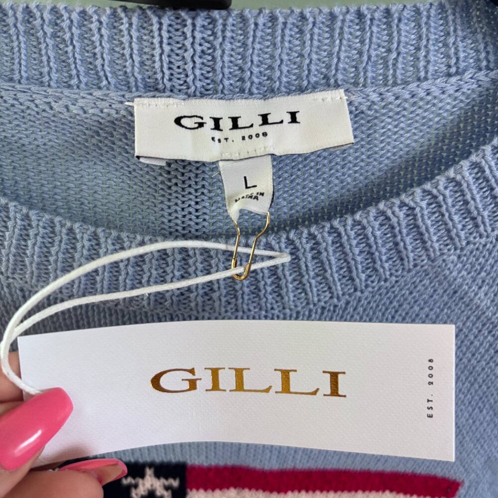 NWT Gilli American Flag Knit Sweater Baby Blue Long Sleeve Patriotic Large FLAW - Picture 5 of 10